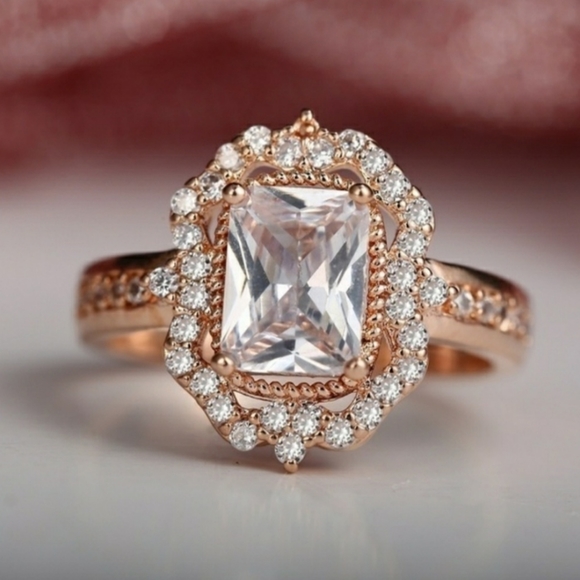 Romantic Rose Gold Emerald Cut Halo Engagement Ring: Christmas Sale - Picture 3 of 5